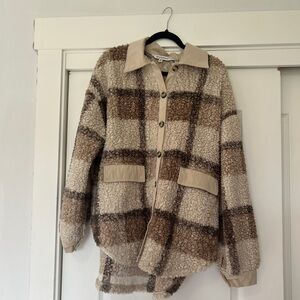 DAVI & DANI Checkered Teddy Jacket - Cream and Brown